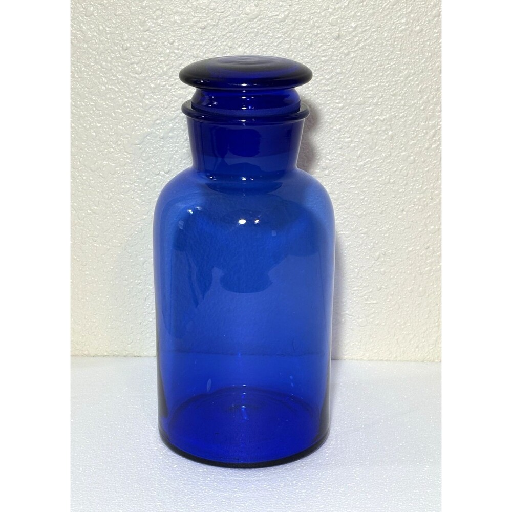 Antique Large 11-3/4” Hand Blown Cobalt Blue Glass Apothecary Jar W/ Ground Lid